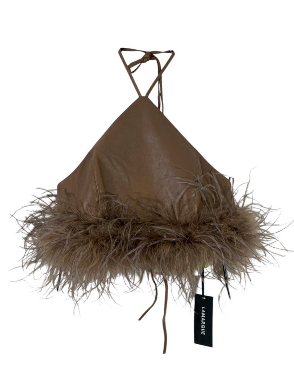Larmarque Aissa Lamb Leather Halter / Feather Top Mink Brown New $345